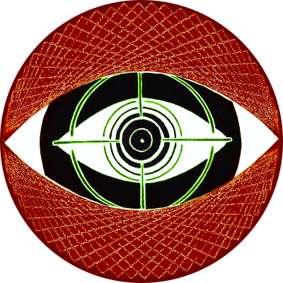 Círculo vermelho com um olho, com um riscos verdes na pupila, como uma mira. Um segundo olho dentro do primeiro com a pupila formada por vários círculos concêntricos, como um painel de tiro ao alvo.